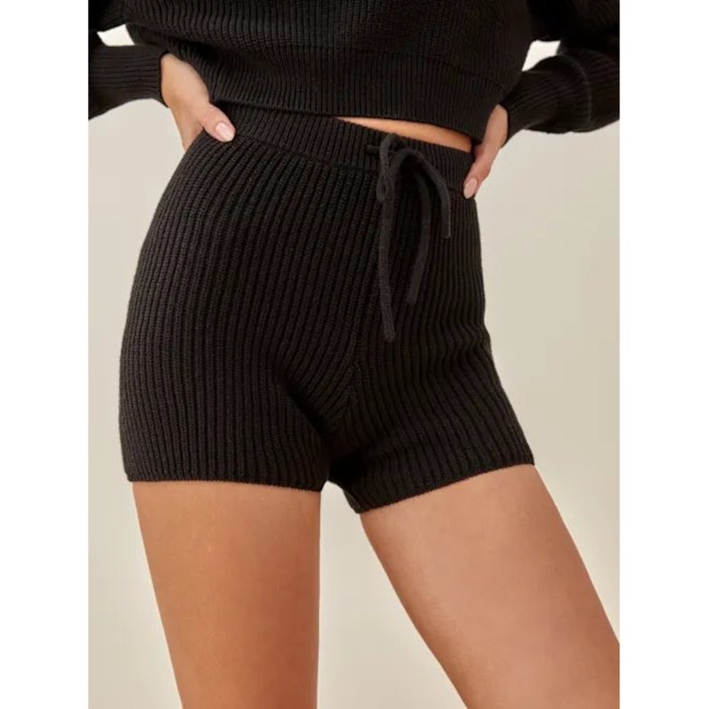 Reformation Sanzo Black Organic Cotton Ribbed Knit Drawstring Shorts XS